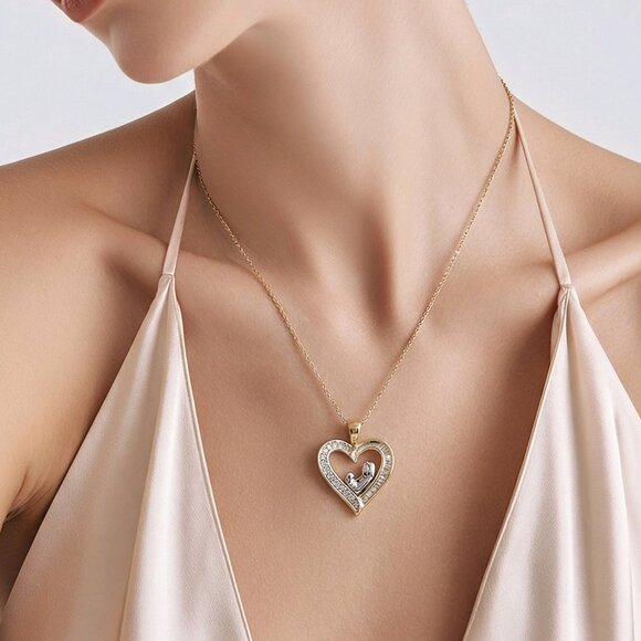 Fine Genuine Jewelry Jewelry - 10k Mother and Child White and Yellow Gold Diamond Pendant on 10k Chain Necklace